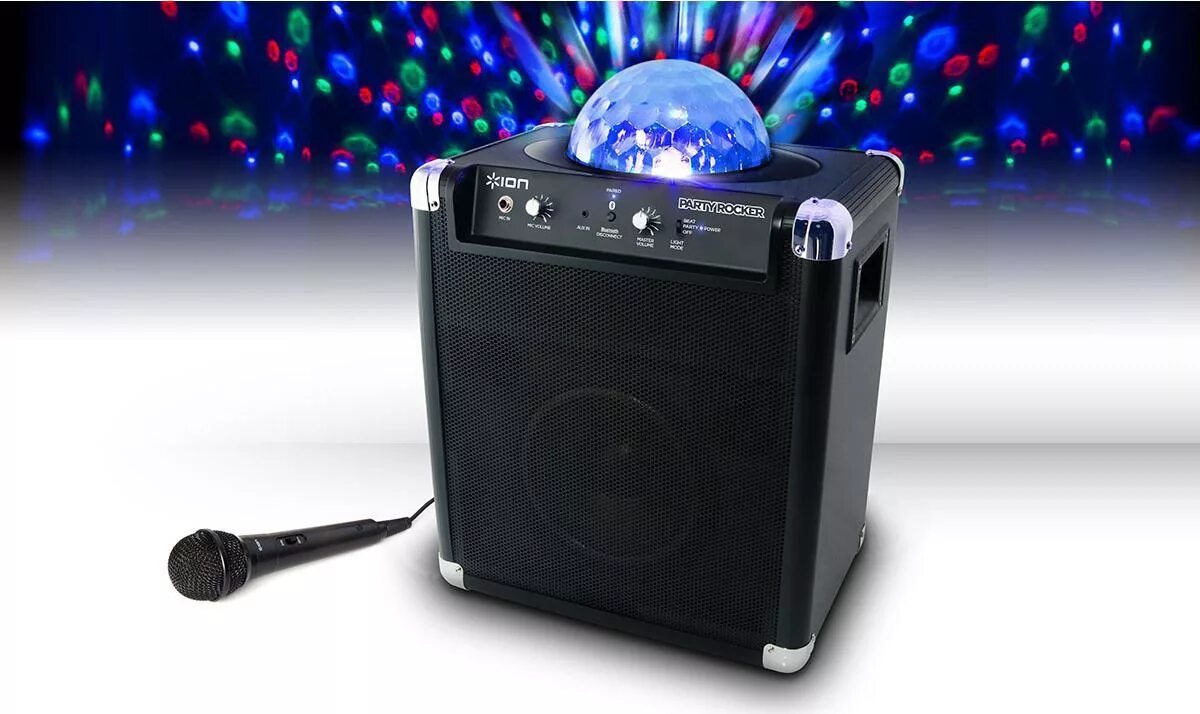 Портативная колонка с беспроводным микрофоном. Ion party rocker plus. портативная акустика ion party starter. бумбокс колонка со светомузыкой и флешкой. аудиосистема передвижная со светомузыкой.