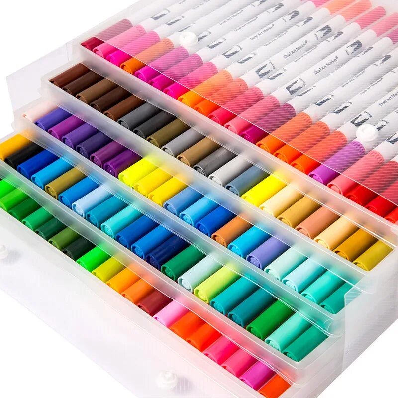 Недорогие цветные. Dual Tip Brush Marker, 100 цветов. Фломастеры Fineliner 100 цветов. Набор маркеров и линеров SOULART, 100 цветов. Фломастеры Dual Tip Brush Pens 100 Colors.