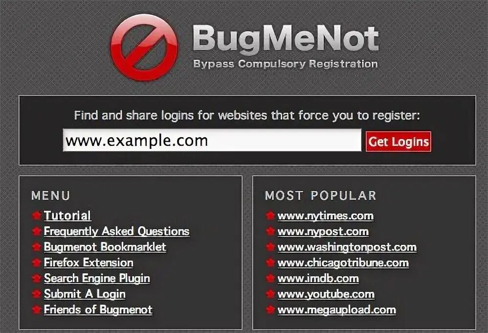 Bugmenot. :Обойти регистрацию. Share logins. Register site.