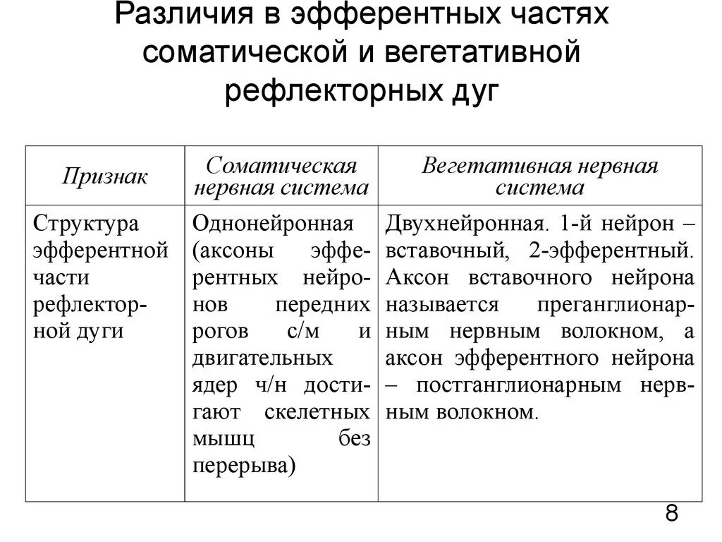 Эфферентный путь вегетативного рефлекса. Отличия соматической и вегетативной рефлекторных дуг таблица. Отличие соматической рефлекторной дуги от вегетативной. Отличия вегетативных рефлекторных дуг. Отличие соматической рефлекторной дуги от вегетативной.