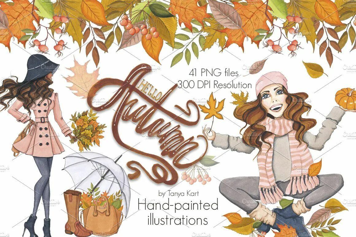 Hello autumn. Hello autumn girl. Hello autumn Clipart. Seasons collection