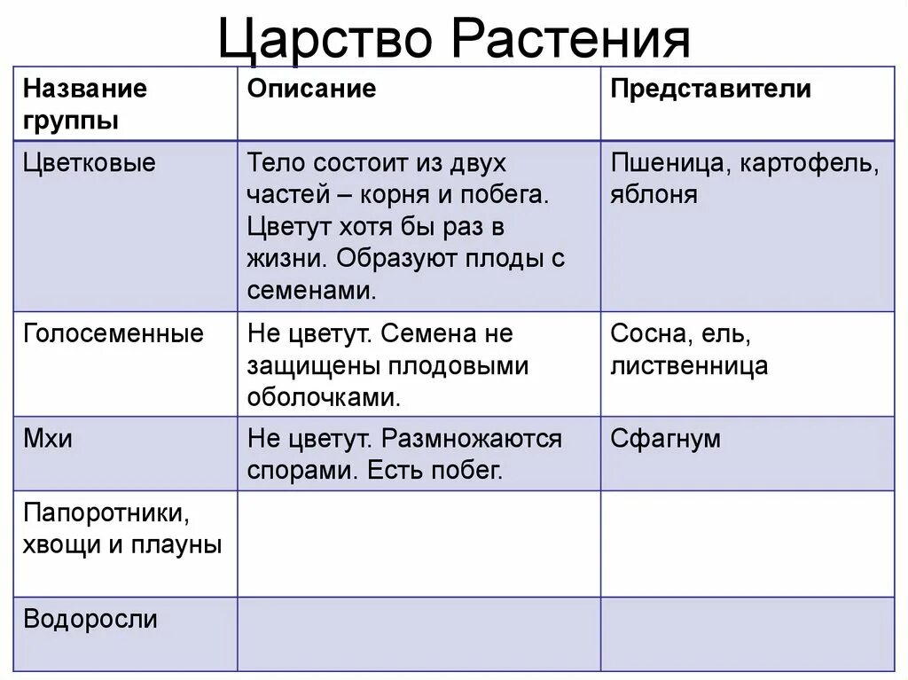 Назови царство. Таблица по биологии 5 класс царство растений. Характеристика отделов царства растений. Царство растения отдел цветковые. Группы растений таблица.