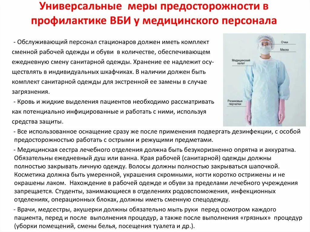 Вопросы санитарному врачу. Профилактика ВБИ У медицинского персонала. Меры профилактики ВБИ У медперсонала. Меры предосторожности ВБИ для пациентов. Защитная одежда в ВБИ.