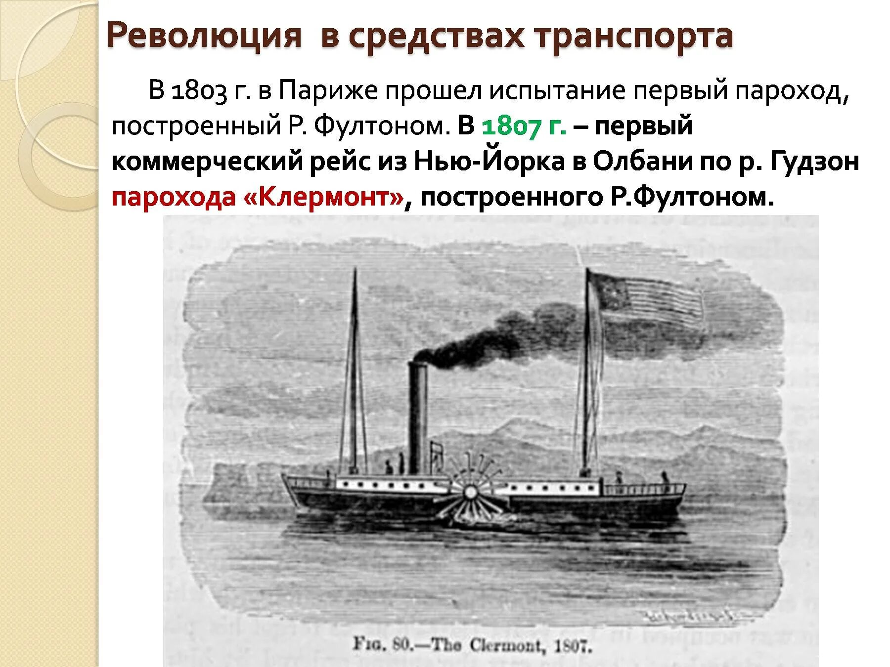 Как изменился пароход. Первый пароход Фултона 1807. Пароход Фултон 1803.