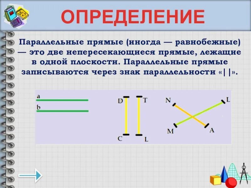 Непересекающиеся прямые. Две непересекающиеся прямые. Знак непересекающихся прямых. Свойство непересекающихся прямых.