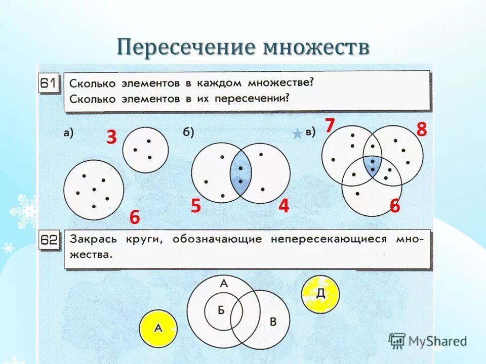 Какова мощность пересечения множеств. Пересечение множеств. Задачи на пересечение множеств 2 класс. Множества начальные классы задания.