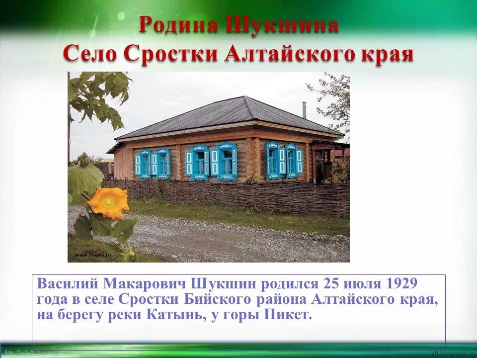 Шукшин биография презентация. Село Сростки Родина Шукшина. Родина Шукшина село Сростки Алтайского. Василия Макаровича Шукшина.