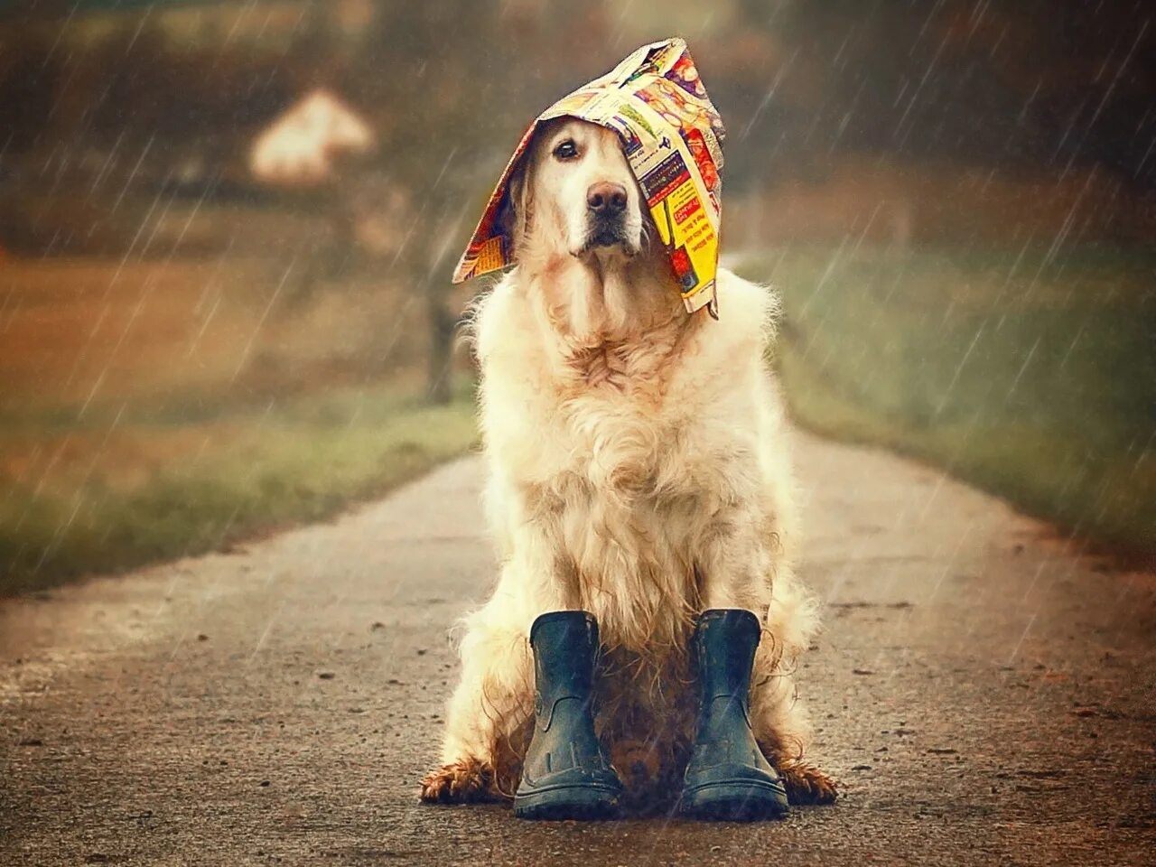 Веселая собака. Собака под дождем. Пес под дождем. Щенок под дождем.