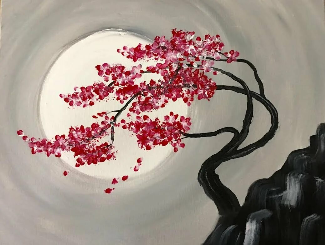 Сакура с1221м. Дерево Сакура ватными палочками. Сакура рисунок. Картины в японском стиле.