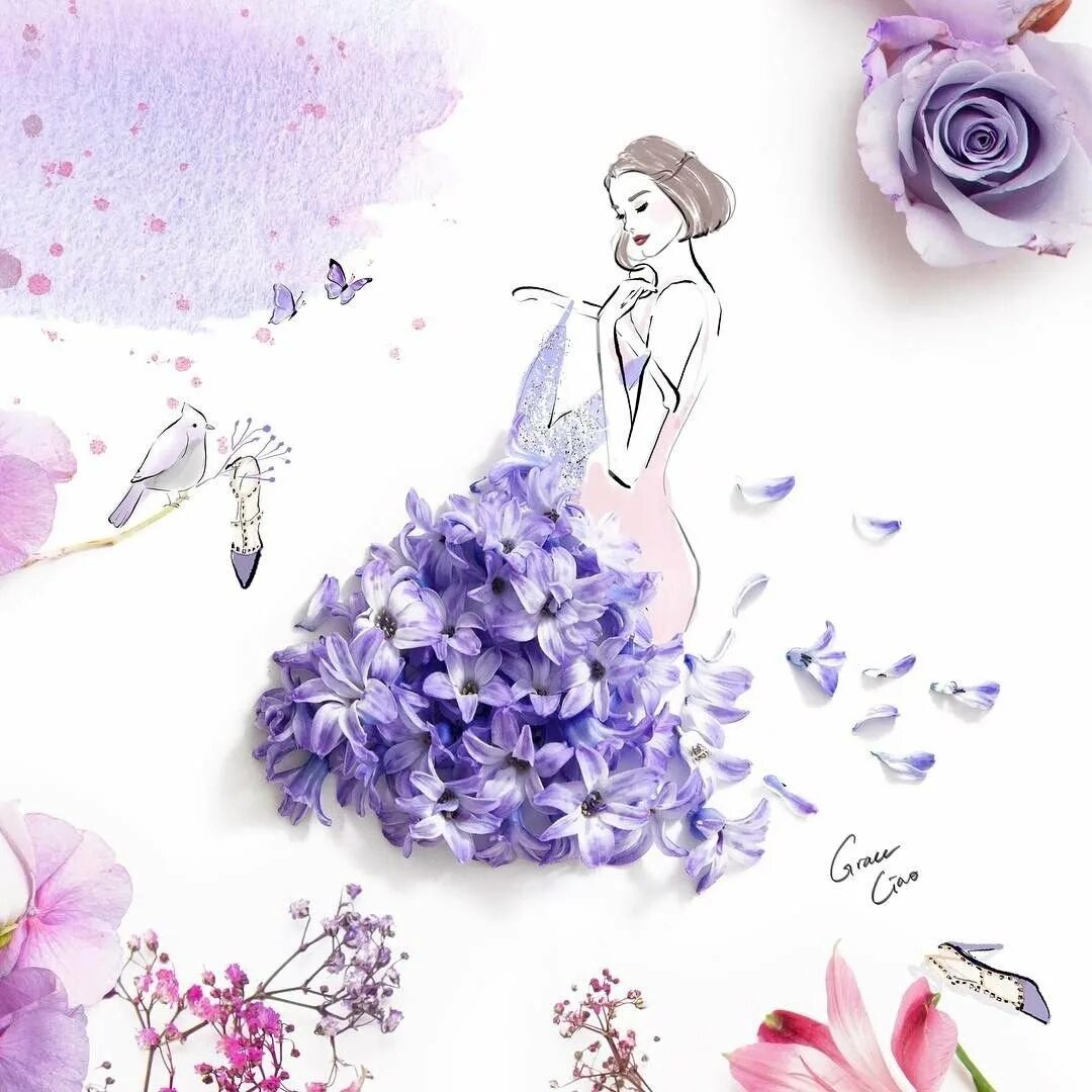 Сингапурская художница Грейс Цяо. Грейс Цяо цветочные платья. Стильные девушки в платьях из цветов. Стильные открытки.