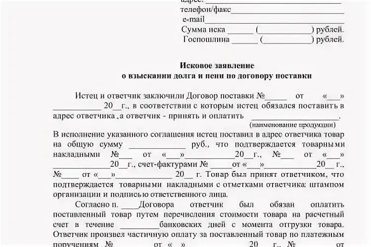 Иск о взыскании неустойки по договору поставки. Исковое заявления на поставщика в арбитражный суд. Исковое заявление о взыскании задолженности по договору. Исковое заявление о взыскании задолженности в суд образцы.