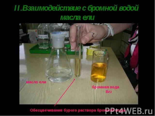 Окраска раствора с бромной водой. Бромная вода и масло. Обесцвечивание бромной воды. Растительное масло и бромная вода. Растительное масло и бромная вода реакция.