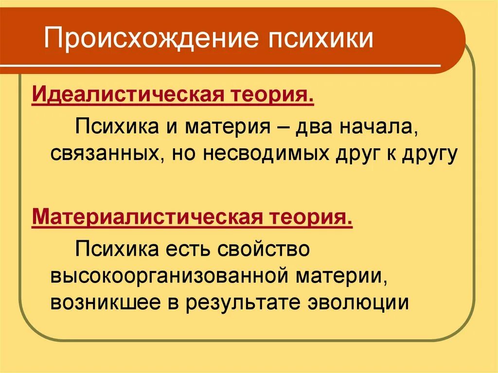 Происхождение и сущность жизни. Идеалистическое и материалистическое понимание психики. Идеалистическая и материалистическая теории возникновения. Идеалистическая теория происхождения психики. Материалистическая теория происхождения психики.