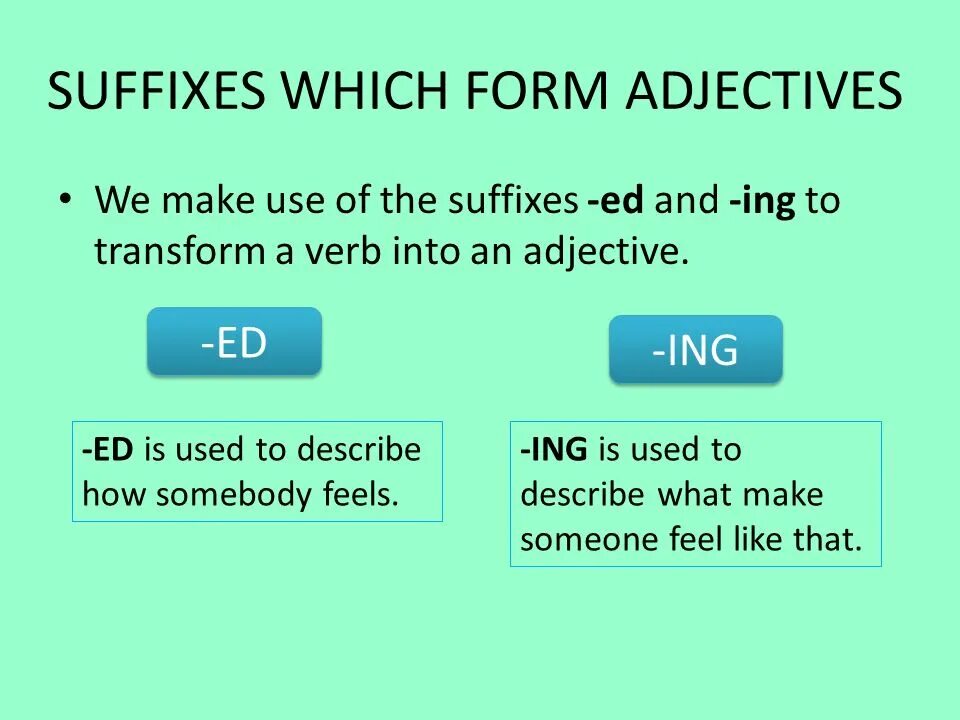 Прилагательные с окончанием ed ing. Окончания ing и ed в английском языке. Суффикс ing прилагательных. Разница между ed и ing прилагательные. Adjective forming suffixes