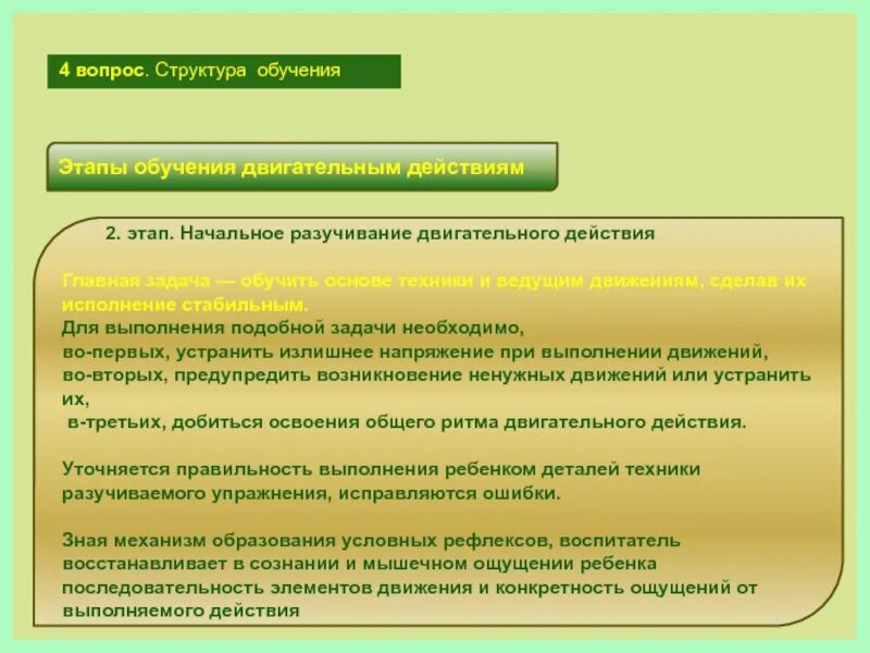 Этап углубленного разучивания действия. Этапы разучивания двигательного действия. Этап начального разучивания. Задачи начального разучивания двигательного действия. .Этап начального разучивания техники двигательного действия..