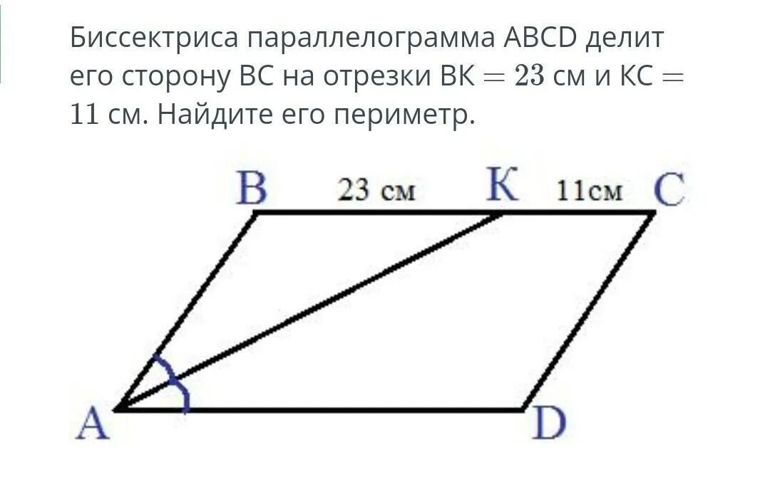Биссектриса проведенная из вершины параллелограмма. Биссектриса параллелограмма. Параллелограмм ABCD. Биссектриса угла параллелограмма. Периметр параллелограмма с биссектрисой.