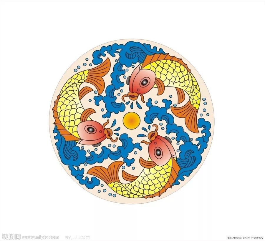 Круглые животные и растения. Зооморфный орнамент Япония. Орнамент рыбы в круге. Орнамент в круге животные. Рыба в круге.