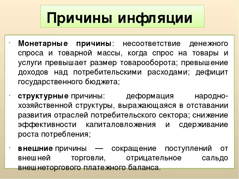 Появление инфляции. Монетарные и немонетарные факторы инфляции в России. Причины инфляции. Монетарные причины инфляции. Структурные причины инфляции.