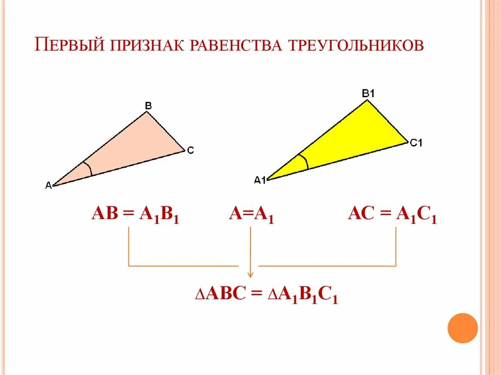 Теорему второго признака равенства треугольников. Теорема первого признака равенства треугольников. Третий признак равенства треугольников 7 класс. Док во 1 признака равенства треугольников. Доказать признак равенства треугольников по 3 сторонам.