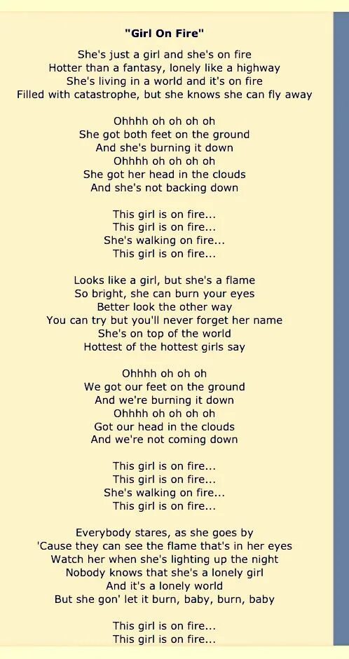 Текст песни girl on Fire. This girl is on Fire текст. Fire on Fire текст. Слова песни this girl is on Fire. This your песня