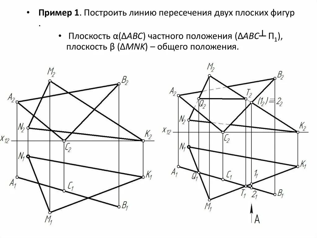 Построить линию пересечения. Пересечение двух плоскостей Начертательная геометрия. Точка пересечения прямой и плоскости Начертательная геометрия. Нахождение линии пересечения двух плоскостей. Построение линии пересечения двух плоскостей общего положения