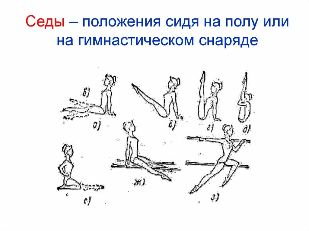 Гимнастические положения. Седы в гимнастике. седы упражнения. сед на снаряде. положения в гимнастике изображения.