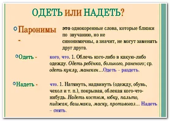 Есть слово наделить. Надеть или одеть. Одеть надеть как правильно. Одевать или надевать как правильно говорить. Одень или надень как правильно.