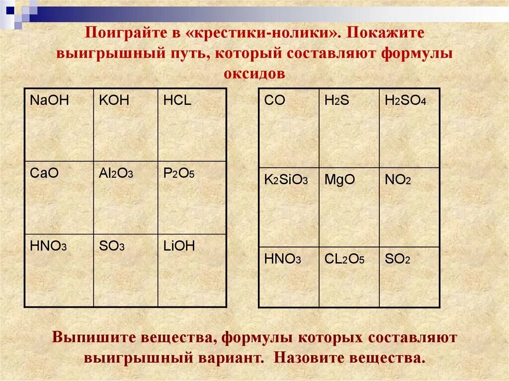 Формулы высших оксидов 5 группы. Крестики нолики выигрышный путь. Крестики нолики выигрышный путь составляют формулы оксидов. Поиграйте в крестики нолики покажите выигрышный путь который. Выигрышный путь который составляет формулы оксидов.