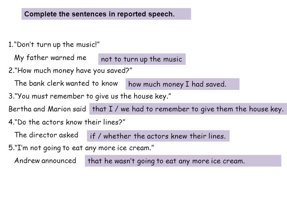 Change the following sentences into indirect speech. I complete the sentences in reported Speech.. Reported Speech sentences. Reported Speech. Change the sentence to reported Speech. Change the sentences to indirect Speech.