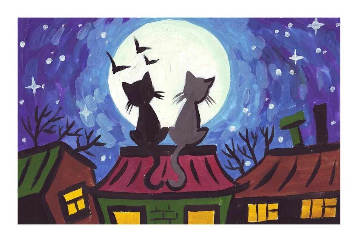 Коты. Коты на крыше. Правополушарное рисование коты на крыше. Коты на крыше гуашью. Песня кошка ночь