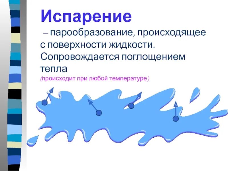 Охлаждение при испарении. Испарение происходит. Испарение происходит при любой температуре. Парообразование происходящее с поверхности жидкости. При испарении воды энергия