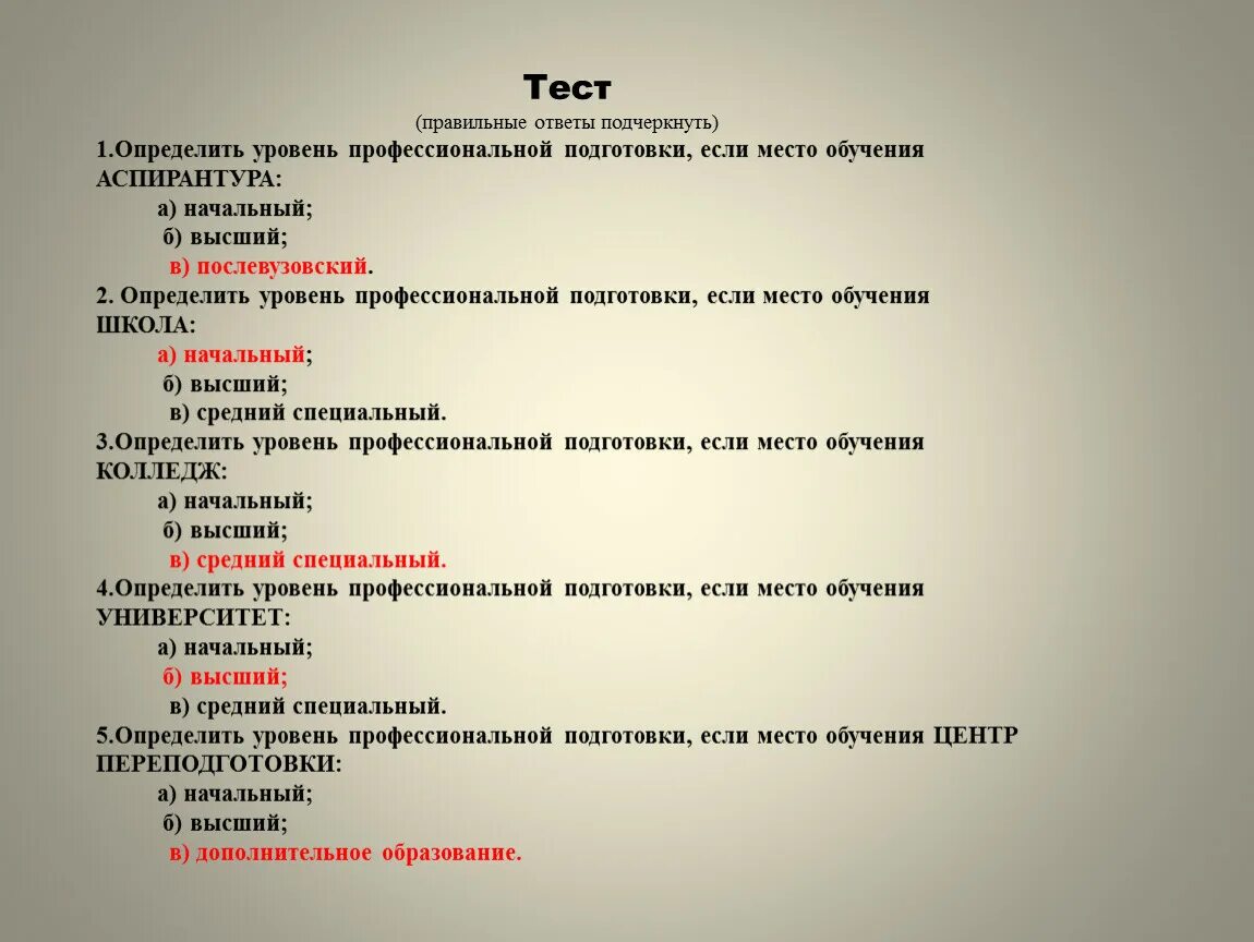 Правильные ответы на тест. Образовательные тесты. Уровень профессиональной подготовки. Средний уровень профессиональной подготовки:.