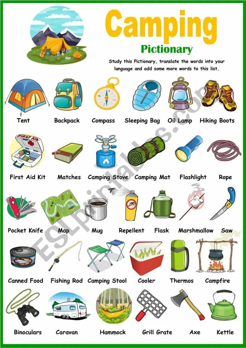 Camping vocabulary. Английские слова на тему Camping. Camping Equipment Vocabulary. Vocabulary for Camping for Kids. Лексика на английском по теме Camping.