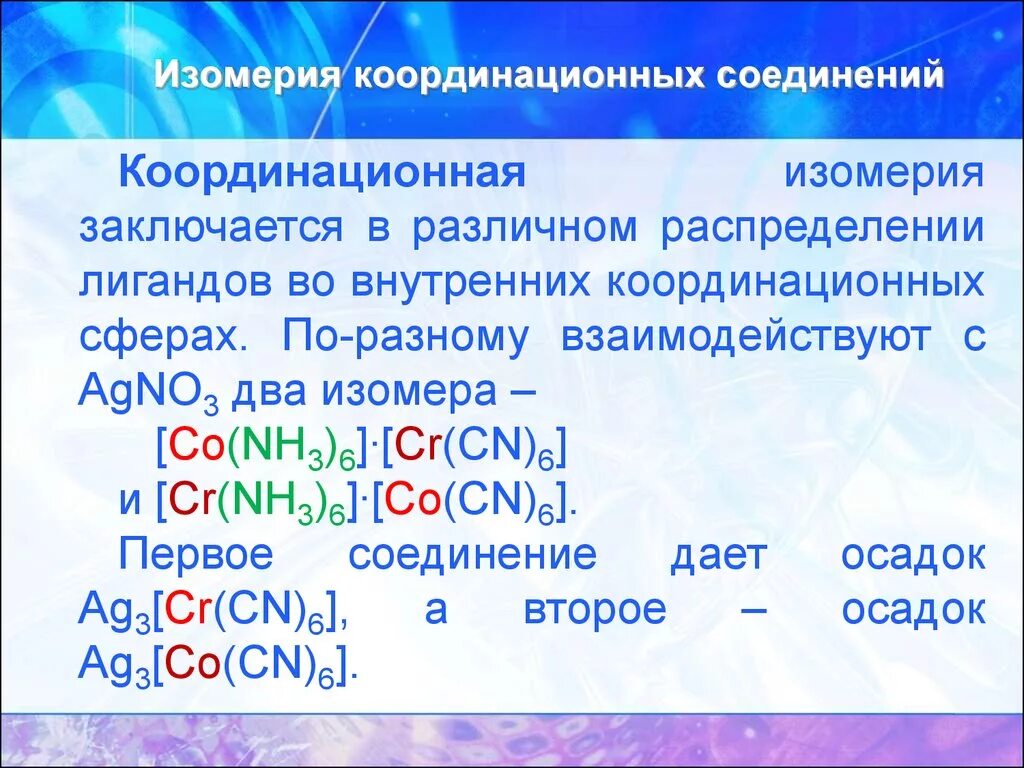 Координационная изомерия комплексных соединений. Изомерия комплексных соединений. Типы изомерии комплексных соединений. Изомерия координационных соединений.