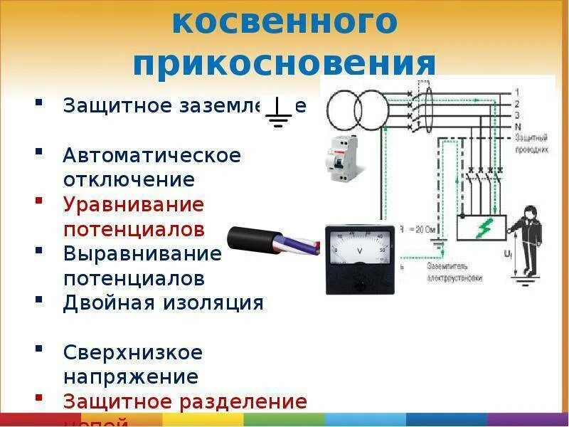 Схема измерения напряжения прикосновения. Защитное заземление электроустановок. Схема измерения напряжение прикосновения и напряжения. Защита от прямого и косвенного прикосновения в электроустановках. Защитные меры косвенного прикосновения