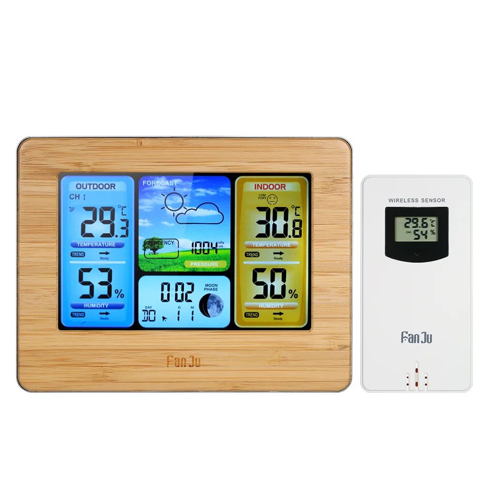 Метеостанция fanju. Fanju wireless weather station. метеостанция для дома с беспроводным датчиком fanju. беспроводные метеостанции с цветным дисплеем.