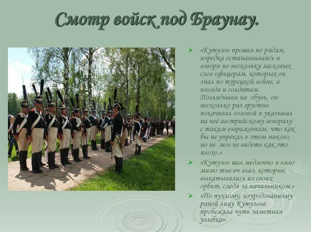 Кутузов на смотре в Браунау. Смотр в Браунау. Смотр войск. Готова ли русская армия к войне цитаты