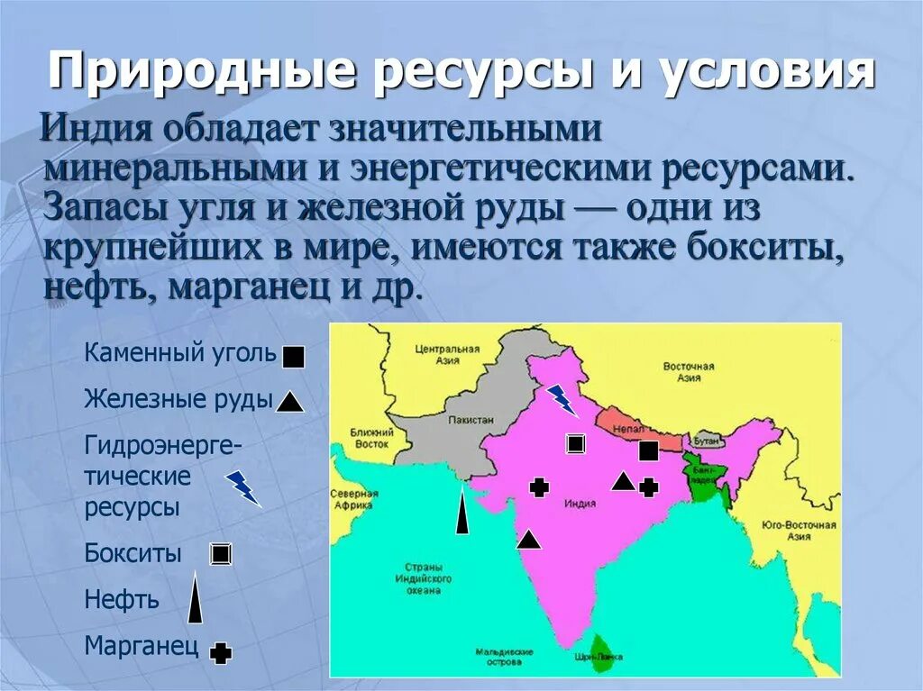 Карта природных ресурсов Индии. Минеральные ресурсы Индии. Хозяйственная оценка природных условий и ресурсов Индии. Карта природных ископаемых Индии. Природные особенности индии