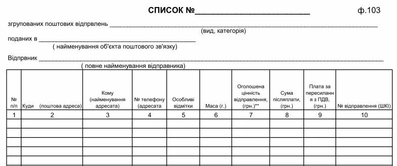 Реестр почтовых отправлений ф-103 образец. Бланк список почтовых отправлений ф 103. Образец реестра почтовых отправлений форма 103. Список внутренних почтовых отправлений ф 103 образец заполнения.