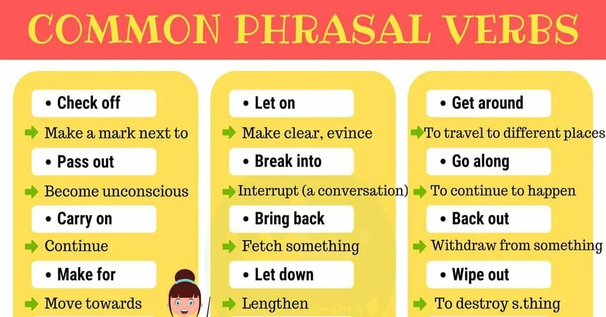 Common Phrasal verbs. Most common Phrasal verbs. Phrasal verbs list. Common Phrasal verbs in English. Check out phrasal verb