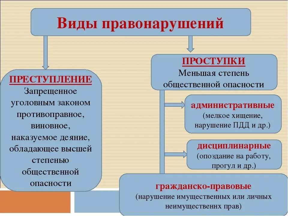 Правовые основания нарушения. Основные виды правонарушений. Правонарушение виды правонарушений. Видосы правонарушений. Характеристика видов правонарушений.