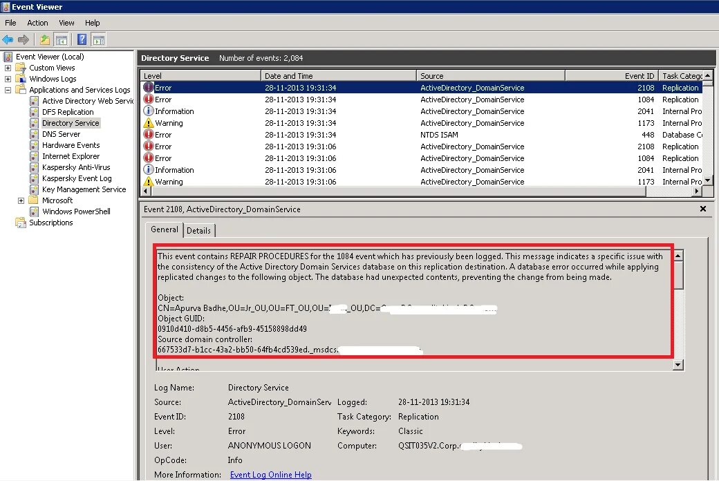 Ошибка Active Directory. Касперский журнал событий. Windows Active Directory журнал событий. Log Server Windows.