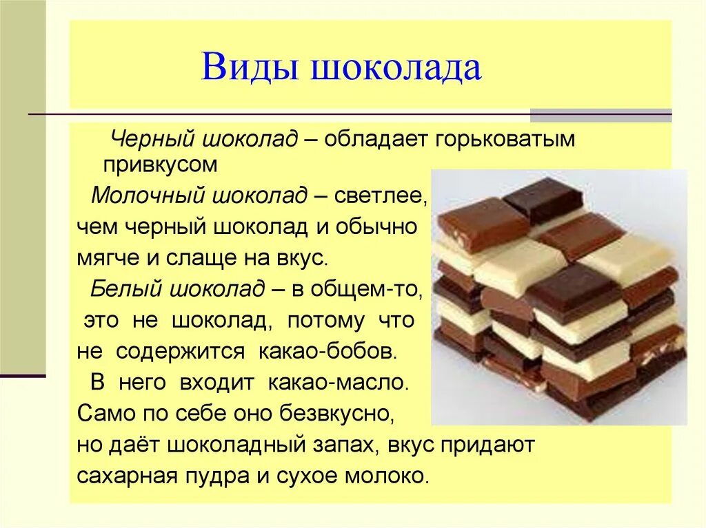 Презентация на тему шоколад. Виды шоколада. Шоколад для презентации. Сведения о шоколаде.