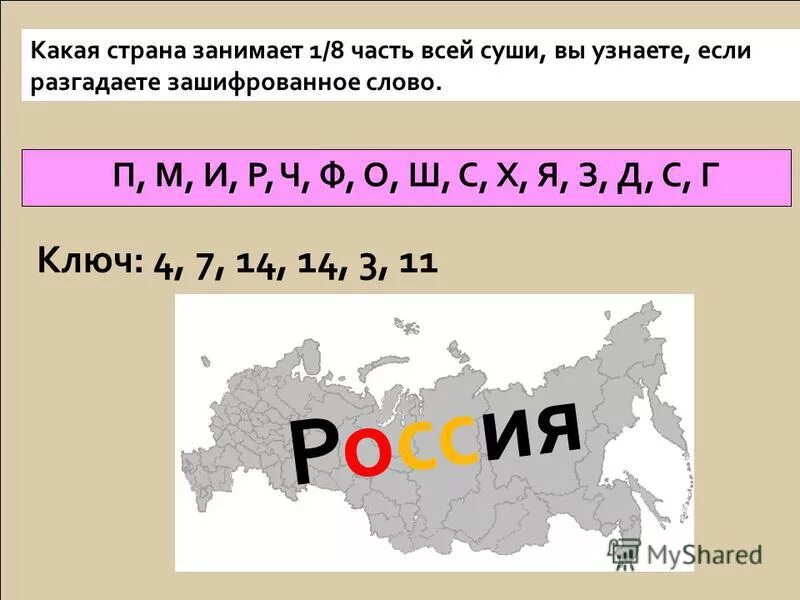 Зашифрованные слова. Зашифрованное слово Родина. Какая Страна занимает 1/4 часть суши. Какую часть занимает Россия.