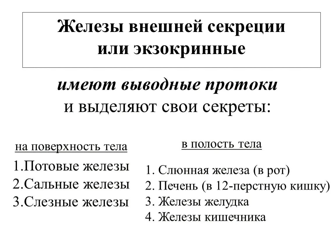 Железы внешней секреции. Железы внутренней секреции имеют выводные протоки. Железы внешней секреции выделяют свой секрет. Железы тела не имеющие выводных протоков.