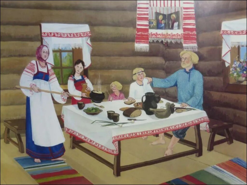 Наши щи являются традиционными вологодскими традиции. Крестьянская семья за столом. Семья в избе за столом. Стол в избе. Традиционная русская семья.