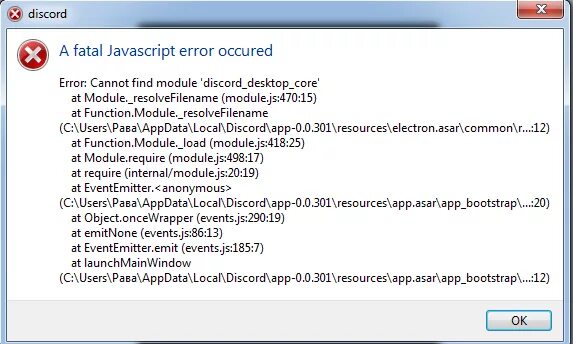 Discord fatal javascript error occurred