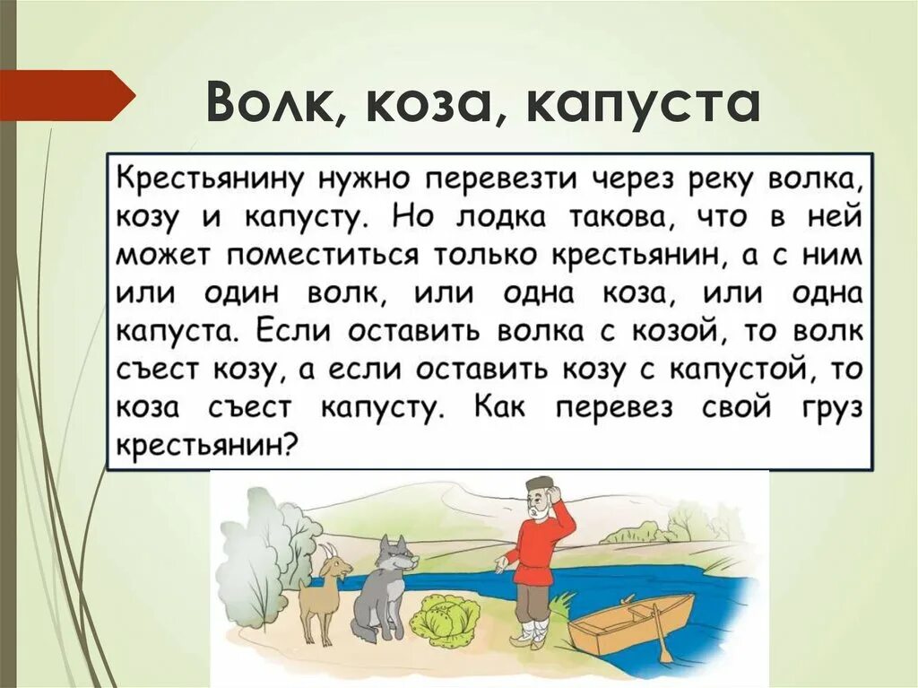 Задачка про волка козу и капусту в лодке. Загадка про волка козу и капусту. Перевезти через реку волка козу и капусту. Волк коза и капуста задача.