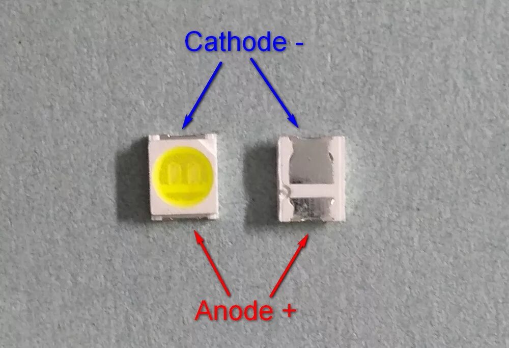 Как отличить плюс. Плюс и минус у светодиода SMD 2835. Светодиод SMD 2835 6v 2w. Полярность СМД светодиодов 2835. Полярность SMD диода 2835.