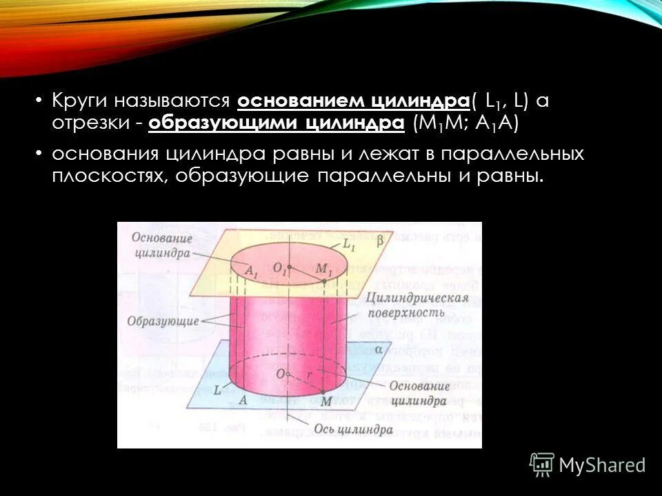 Основания цилиндра равны и параллельны. Основания цилиндра и лежат в плоскостях. круги называются основаниями цилиндра. у цилиндра образующие параллельны и равны. в основании цилиндра лежит.